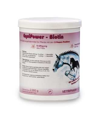 EquiPower-Biotin bietet eine optimale Nährstoffversorgung für gesunde Hufe, Haut und Haare mit Biotin, Methionin, Zink und Kupfer.